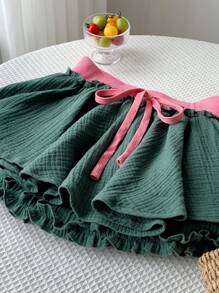 Comfortcana Falda casual de verano para mujer con bloque de color, cintura con cordón y bajo recogido - Verde militar - Ver 6