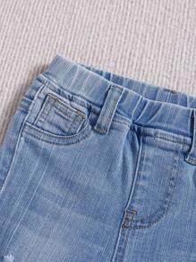 SHEIN 男婴 2 件套休闲破洞翻领长袖牛仔夹克和破洞高弹力紧身蓝色牛仔裤套装，适合秋季服装和户外服装