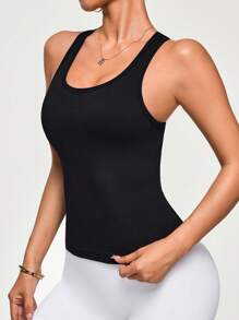 Seamluxe SHEIN Sport 女士纯色无缝交叉后背运动吊带背心 - 黑色 - 查看 4