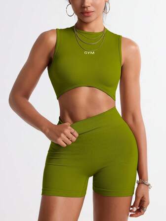Seamluxe SHEIN Sport Conjunto de top corto de cuello redondo y shorts para mujer, conjunto de ropa de yoga y entrenamiento para mujeres