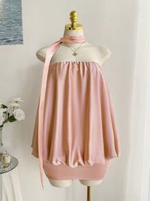 Comfortcana Spring Romantic Satin Strapless Crop Top & Midi Skirt 2 Pieces Set, Plus Size - Pink - View 4