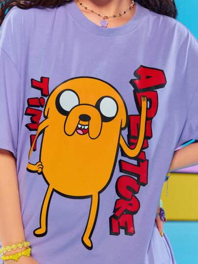 Adventure Time X ROMWE Y2k Cute Funny Children's Playful Women's Casual Cartoon Letter Pattern Drop Shoulder Loose T-Shirt
