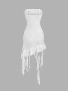 Sweetra Women Sexy Lace Ruched Drawstring Tied Ruffle Trim Sleeveless Fitted Asymmetrical Mini Dress - White - View 2