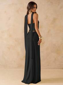 SHEIN BAE 两件套：纯色褶皱紧身胸衣短款上衣和低腰褶皱雪纺长裙，适合海滩度假，露背波西米亚连衣裙，适合夏季，女士音乐会服装，伴娘两件套 - 黑色 - 查看 2