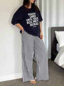 DAZY 2pcs Women's Letter Print T-Shirt Top And Plaid Loose Pajama Pants Set - Navy Blue - View 6