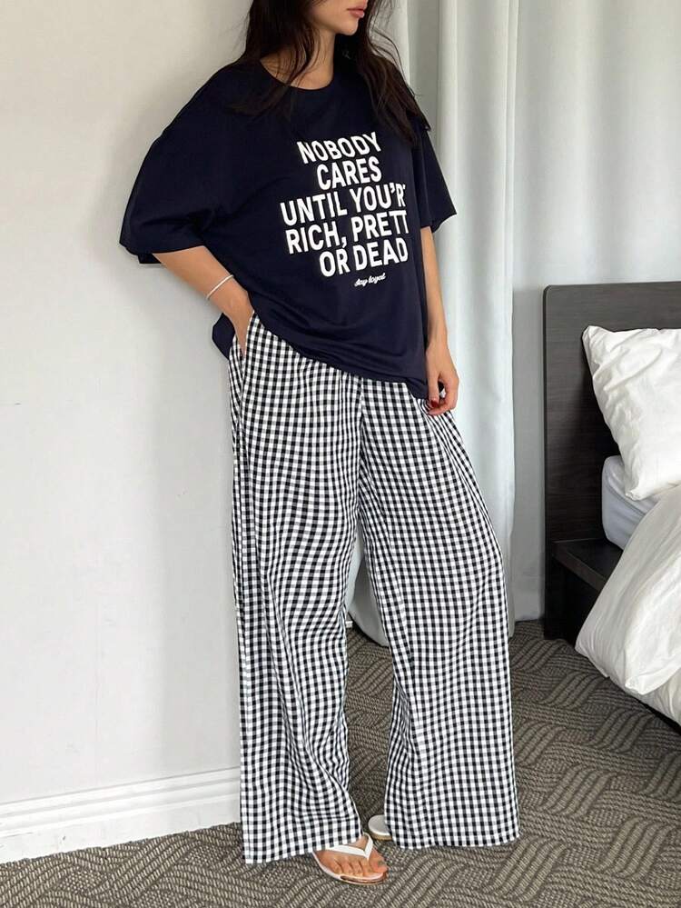 2pcs Women's Letter Print T-Shirt Top And Plaid Loose Pajama Pants Set