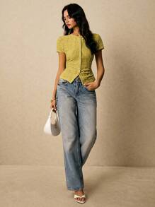 Poéselle Women's Summer Minimalist Textured Front Button Slim Fit Short Sleeve T-Shirt - Green - View 4