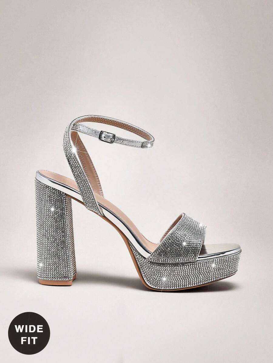 SHUZIA Women's Wide-Fit Rhinestone Ankle Strap Chunky Platform Heels For Christmas Valentine's Day Wide Fit,Travel Essentials For Summer - Silver - View 1