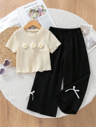 Elladie kids Set de 2 piezas con camiseta de tela texturizada con decoración floral 3D y pantalones largos casuales para niñas, adecuado para uso casual en casa y al aire libre