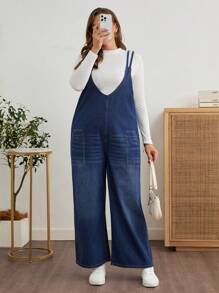 SHEIN EMERY ROSE CURVE 大码女式休闲拼接牛仔连体裤，带斜口袋和吊带，时尚街头风格 - 中等水洗藍 - 查看 1