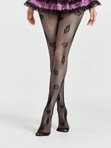 ROMWE Grunge Punk 1 Pair Sexy Cutout Lip Fishnet Stockings, Retro Hot Girl Black Opaque Tights, Ultra-Thin Flexible Sheer Pantyhose