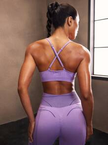 Powerista 女士交叉后背条纹休闲健身运动文胸 - 紫色 - 查看 2