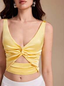 KHADIJA Solid Color Satin Knot Ruched Sleeveless Sexy Women Summer Backless Yellow Top
