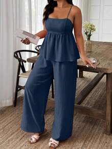 EMERY ROSE Plus Size Solid Color Camisole Top And Wide Leg Pants 2 Pieces Set Elegant - Navy Blue - View 4