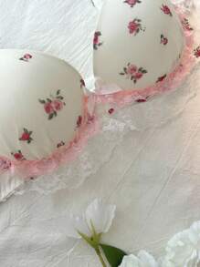 DelicateAllure Sujetador con decoración de lazo, doble capa y orilla en forma de pastel, de malla con estampado floral pequeño, romántico y lindo, estilo kawaii