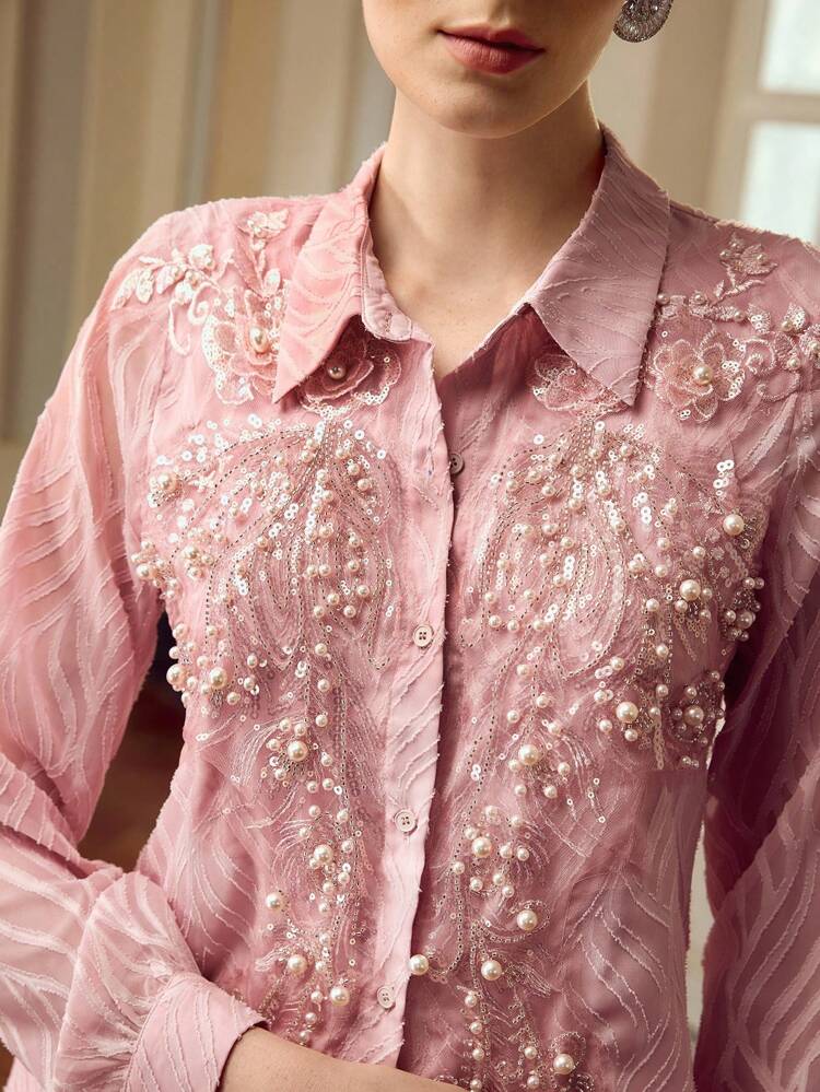 ZEYLAH Blusa Elegante Feminina de Manga Longa com Botão Único e Decoração de Pérola Falsa