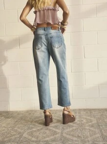 Aralina 女式休闲水洗低腰锥形牛仔裤 - 藍色 - 查看 2