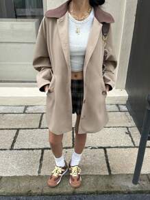 Muchica Fall Women Old Money Autumn Trench Coats Barnwind Y2k Back To School Fall Women's Casual Contrast Color Collar Trench Coat, Spring/Autumn - Khaki - View 4