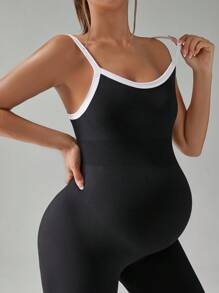 SHEIN 孕妇撞色边无袖运动连体裤 - 黑色 - 查看 7