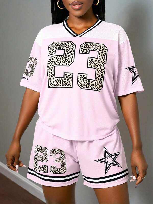 Slaydiva Set da 2 pezzi per donna, abbigliamento casual semplice in jersey per primavera/estate 2025, stampa grafica di auto da corsa, taglie comode