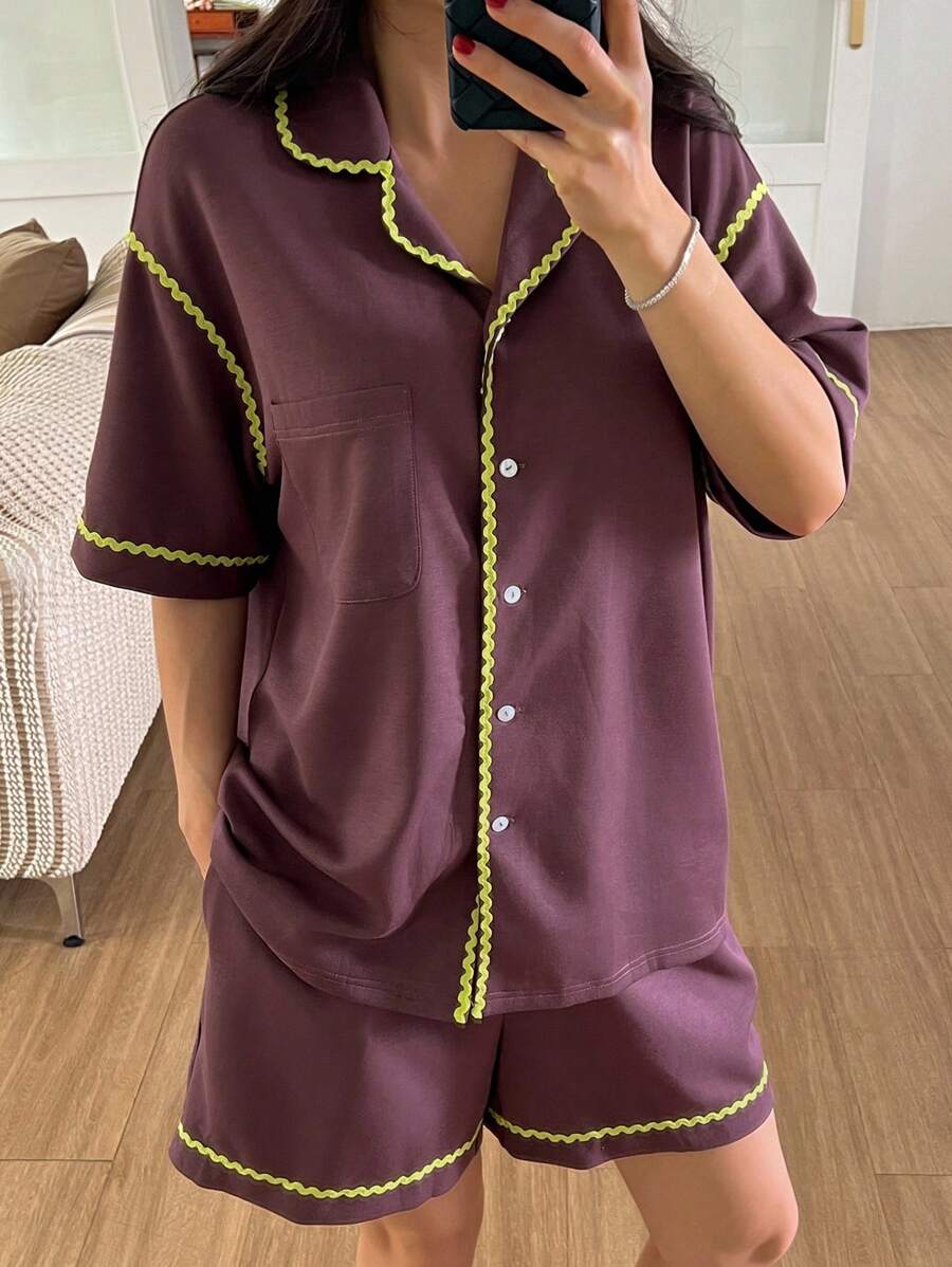 DAZY 2件套女士撞色波浪下摆装饰短袖短裤睡衣套装