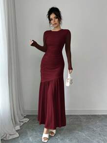 Firerie Women's Long Sleeve Round Neck Mesh Dress, Suitable For Autumn Seasonal Clothing, Back To School, Teacher's Attire - Burgundy - View 5