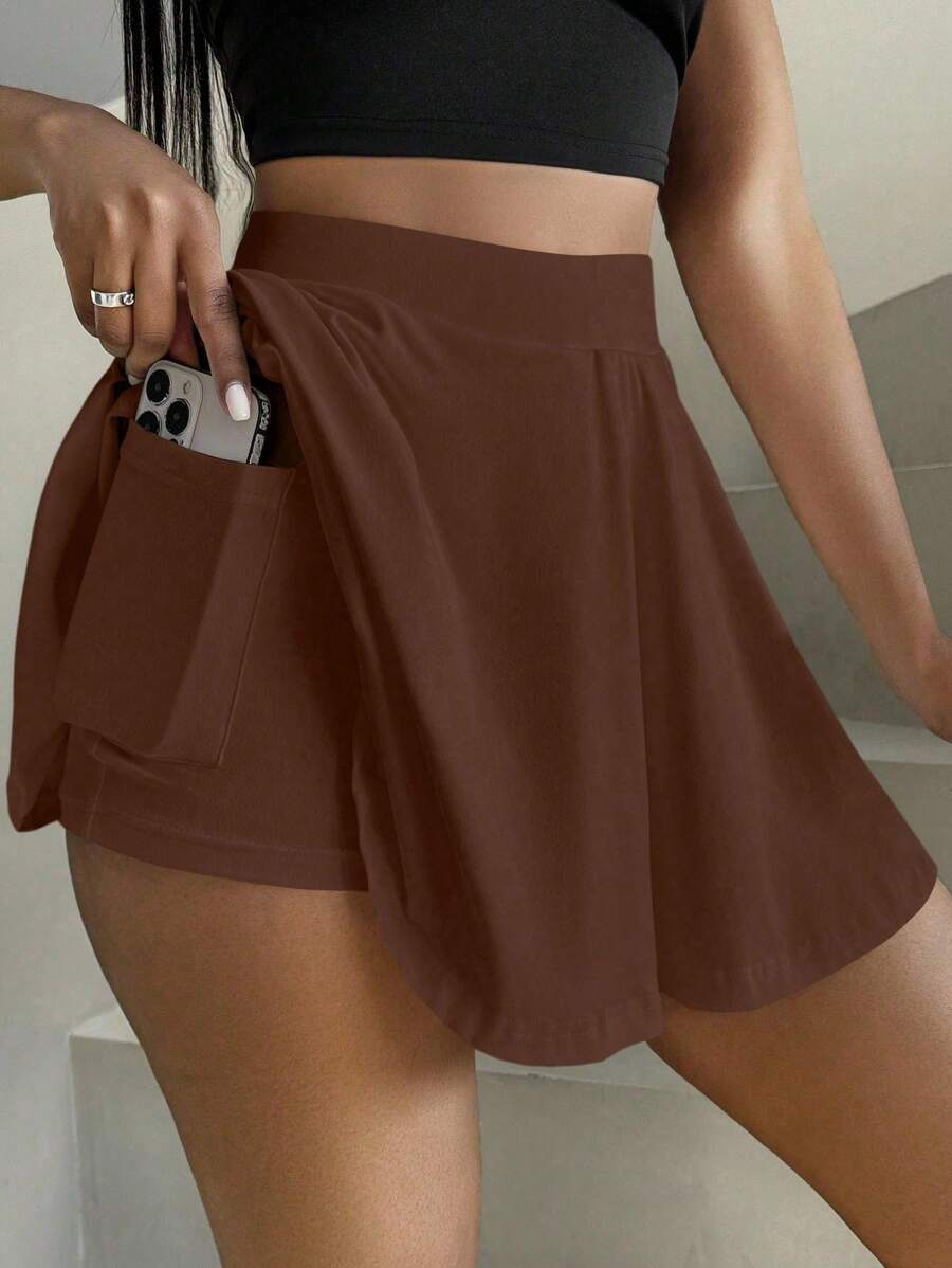 Zolique Quần váy suông cạp cao có túi thường ngày cho nữ - Màu nâu Sô-cô-la - Xem 1