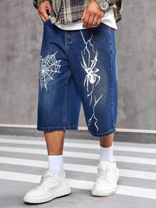 Manfinity Roughcore Men's Spider Print Pocket Loose Casual Baggy Denim Shorts - Medium Wash - View 5