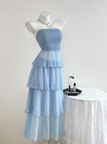 Elamini 2 st/set för kvinnor med texturerad krinklad topp och kjol - Blå - Visa 7