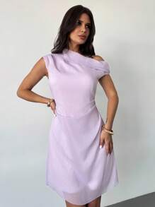 Firerie Summer Women's Simple Elegant Vacation Beach Holiday Casual Asymmetric Neck Ruffle Design Light Purple Mini Off The Shoulder Dress, Suitable For Back To School, Airport Outfit, Travel Outfit, Going Out