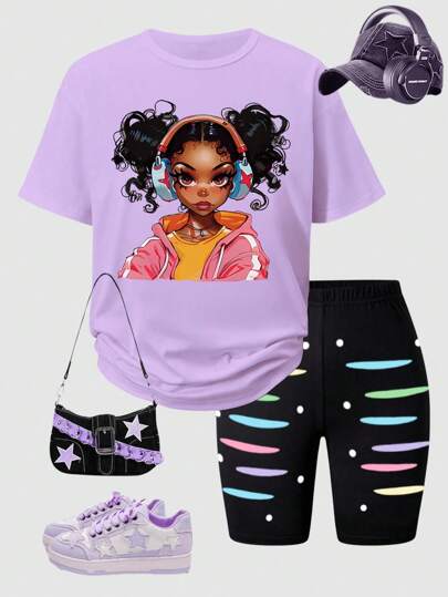 SHEIN ChillGRL 2pcs Set Teenage Girls Fashionable Street Style Printed Short Sleeve T-Shirt And Printed Skinny Shorts, Casual Outfit, School, Campus, College Summer Holiday