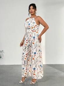 Firerie Plus Size Women Floral Print Waist Tie Cross Loose Jumpsuit, Holiday Style - Multicolor - View 2