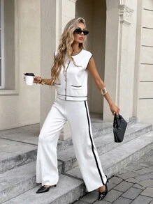 SHEIN Frenchy Bộ 2 chiếc/bộ áo len cardigan không tay viền tương phản thời trang xuân/hè/thu và quần dài rộng rãi cho nữ - Nhiều màu - Xem 8