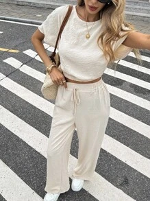 Serisse Batwing Sleeve Crop Top & Drawstring Waist Pants Textured Fabric Two Pieces Summer Casual - Apricot - View 7