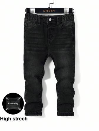 SHEIN Young Boy 1pc Black Comfortable And Refreshing Dark Wash Design Elasticity Denim Skinny Pants For Dailywear And Back To School Clothes