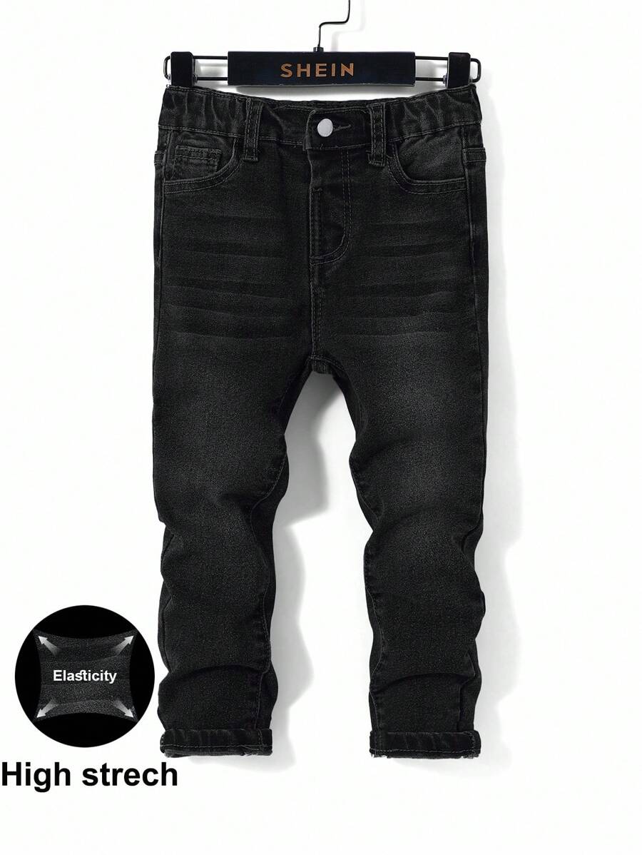 SHEIN Young Boy 1pc Black Comfortable And Refreshing Dark Wash Design Elasticity Denim Skinny Pants For Dailywear And Back To School Clothes - Black - View 1