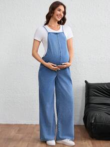 SHEIN Maternity Autumn Casual Overalls Denim Jumpsuit - Medium Wash - View 6