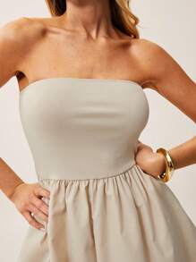 SHEIN Essnce Solid Backless Tube Romper - Khaki - View 4