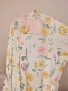 SHEIN 女士奢华羽毛装饰宽袖多色玫瑰印花网眼超长睡袍花卉睡袍女士睡衣裙夏季睡袍长款睡袍羽毛装饰睡袍 - 彩色 - 查看 4