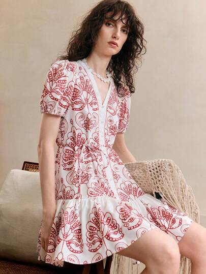 Aveloria 女士休闲通勤度假风格 V 领半开刺绣短袖迷你连衣裙，夏季