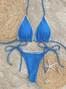 Swim Vcay 2pcs Women Summer Vacation Beach Lace Trim Solid Color Bikini Set With Side Tie Swimwear - Multicolor - View 2