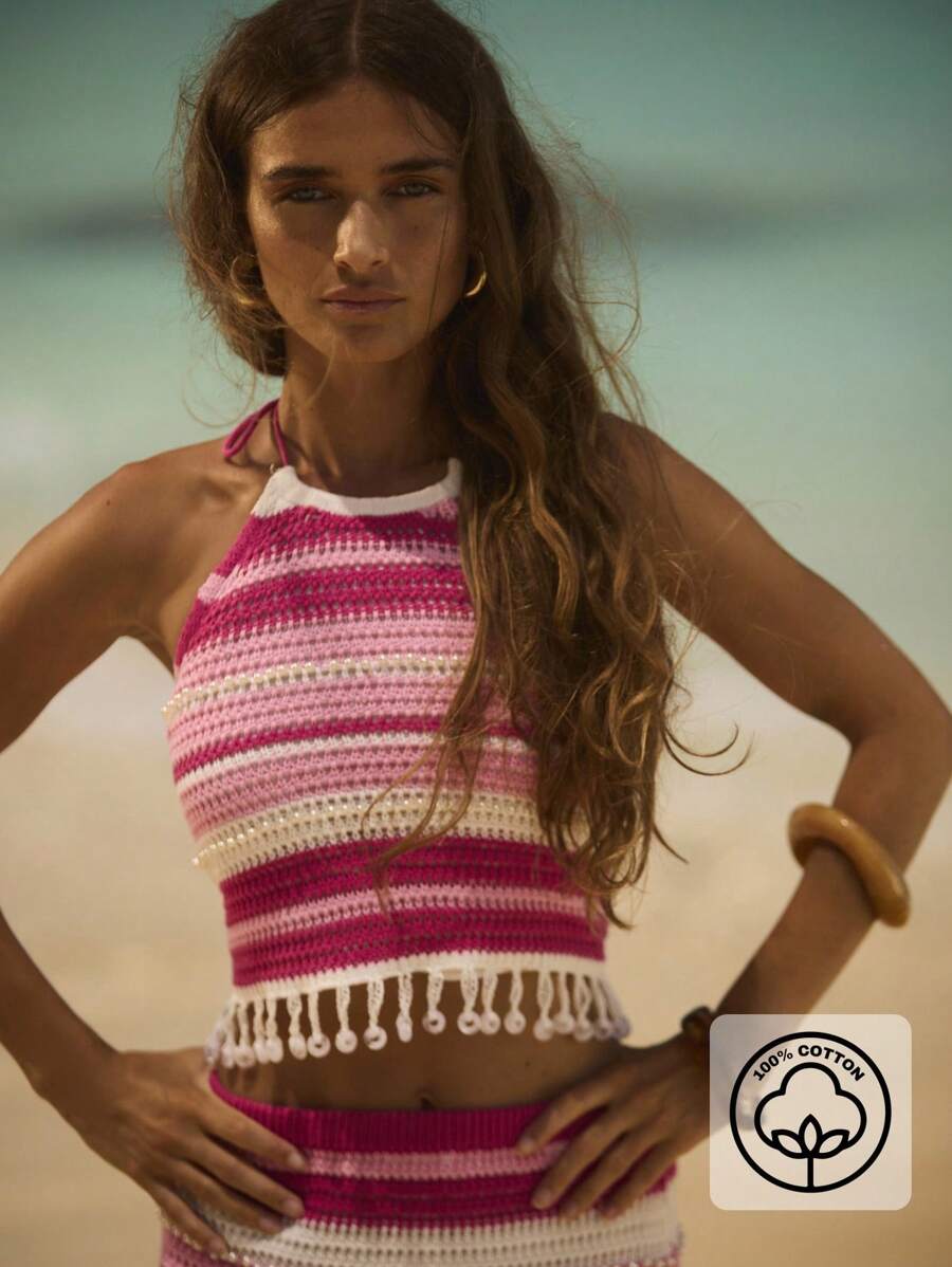 Aralina Striped Crochet Halter Neck Tassel Hem Summer Crop Top - Multicolor - View 1