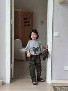SHEIN Wildeya Y2K Street Style Camouflage Print Flat Pocket Elastic Waistband Cargo Slim Fit Pants, For Young Girls