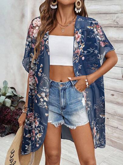 Breezaya Casual Vacation Floral Print Loose Short Sleeve Cardigan For Summer