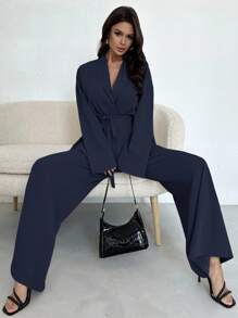 Firerie Women's Elegant Casual Vacation Commute Office Turndown Collar Belted Loose Shacket And High Waist Casual Wide Leg Pants, Suitable For Autumn & Summer - Navy Blue - View 7