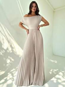 Firerie 女式卡其色斜肩不对称褶皱长款连体裤，优雅日常通勤连体裤，卡其色连体裤，宽松腿部连体裤，春夏装，通勤，优雅，工作服，职业装 - 卡其色 - 查看 3