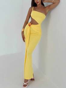 Aloruh Women's Summer Sexy Solid Color One Shoulder Hollow Ruched Draped Front Bodycon Dress - Yellow - View 6