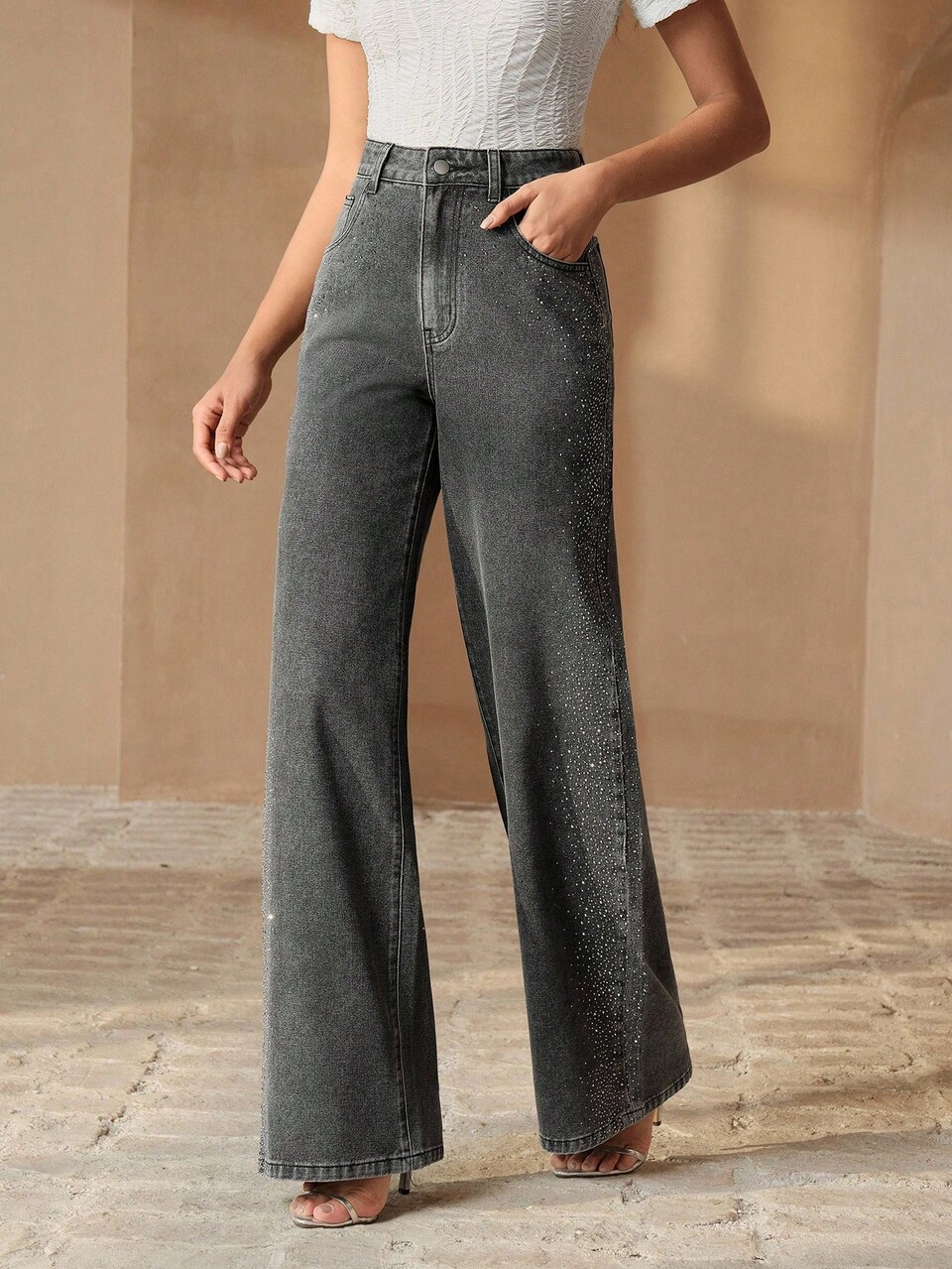 Women's Spring/Summer Sparkling Diamond Mother's Day Tall Black Straight Leg Jeans