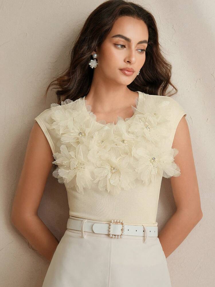 2025 New Summer 3D Floral Short Sleeve Knit Camisole Tops For Women