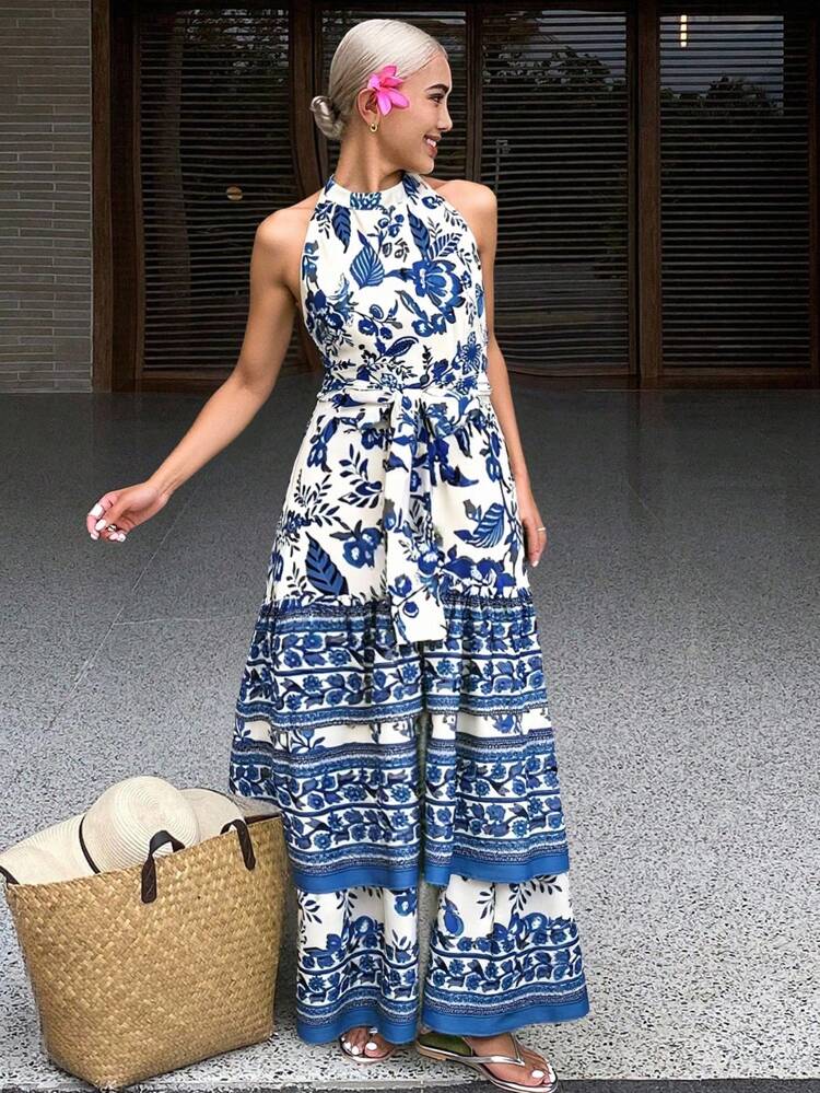 Women's Blue And White Porcelain Print Sleeveless Layered Dress With Halter, Decorative Splice Design, Summer Vacation Style Cruise Outfit For Women Dress Boho